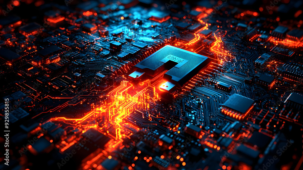 Poster abstract representation of a circuit board with glowing connections.