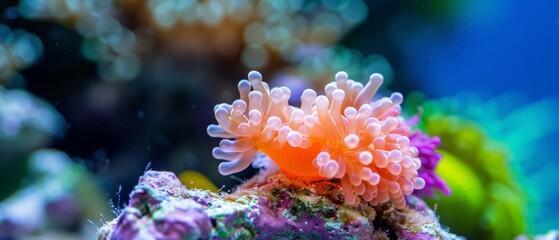Naklejka premium A orange-white anemone rests atop a green-purple anemone over coral