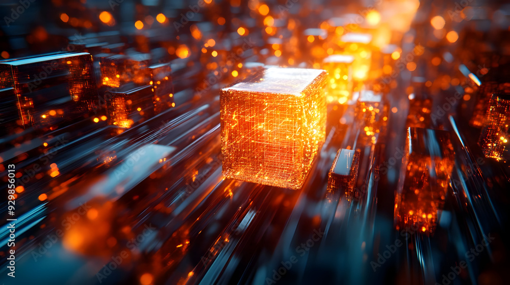 Poster abstract representation of glowing cubes in a digital environment.
