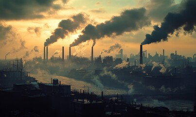 Industrial Revolution Cityscape: Smokestack Silhouettes and Factory Skyline at Dawn. Atmospheric Depiction of Early Urban Industrialization, Capturing the Essence of Progress, Labor, and Societal Tran