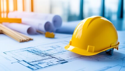 A hard hat on construction blueprints, engineering tools, and project plans