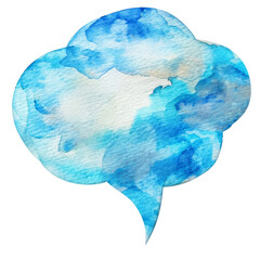 Watercolor speech bubble in shades of blue, resembling a cloud. Ideal for creative designs, quotes, or communication themes.

