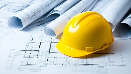 A hard hat on construction blueprints, engineering tools, and project plans