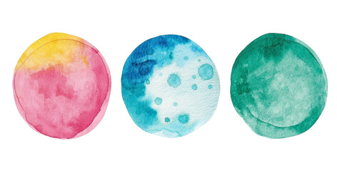 Three round watercolor circles in pink, blue, and green hues. Ideal for creative designs, backgrounds, or abstract art.

