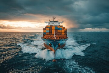 Massive container ship navigating through choppy ocean waves during dramatic stormy weather