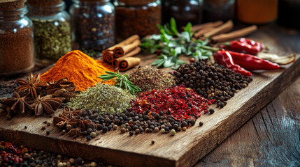 An assortment of spices and herbs on a rustic wooden board, creating a colorful and aromatic scene