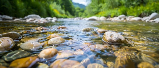  A stream winds through a verdant forest, dotted with numerous rocks and encircled by lush green grass and trees