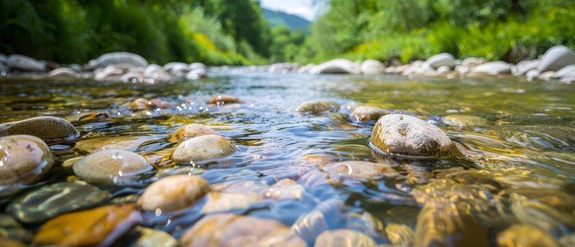  A stream winds through a verdant forest, dotted with numerous rocks and encircled by lush green grass and trees