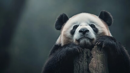 Obraz premium A close-up of a curious panda bear, showcasing its expressive eyes and fluffy fur in a serene forest environment.