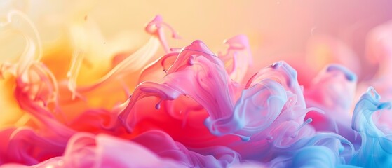 Fototapeta premium A tight shot of a multicolored fluid suspended in a blue liquid, surrounded by bubbles of pink, yellow, and orange hues