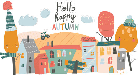 Cute little town with autumnal trees in cartoon style