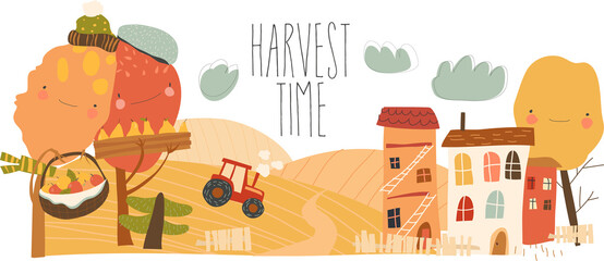 Agricultural autumn landscapes with tractor, hay field and trees. Harvest in countryside.