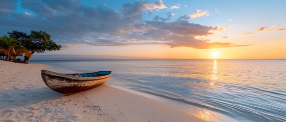  A boat atop a sandy beach, ocean nearby; sun sets behind it