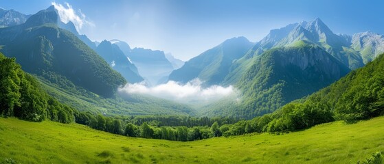 Fototapeta premium A verdant valley, encircled by mountains, lies beneath a clear blue sky Sunbeam pierces valley's heart
