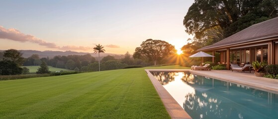  A house featuring a swimming pool in the foreground, accompanied by a mountain range backdrop at sunset