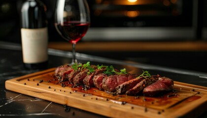 Fresh meat steak grilled and then fried, meat dinner with wine in a restaurant.
