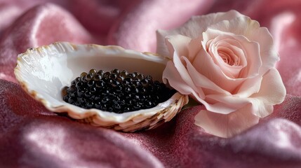 caviar on on the half shell with rose on pink velvet