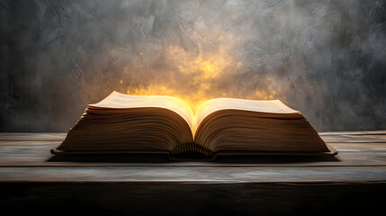 An open book emits a glowing light, suggesting knowledge and magic.