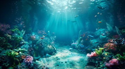 Underwater Scene with Sunlight Illuminating Coral Reef and Fish