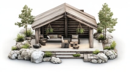 Obraz premium Charming wooden cabin design surrounded by nature, featuring a cozy patio and garden decor for relaxation and escape.