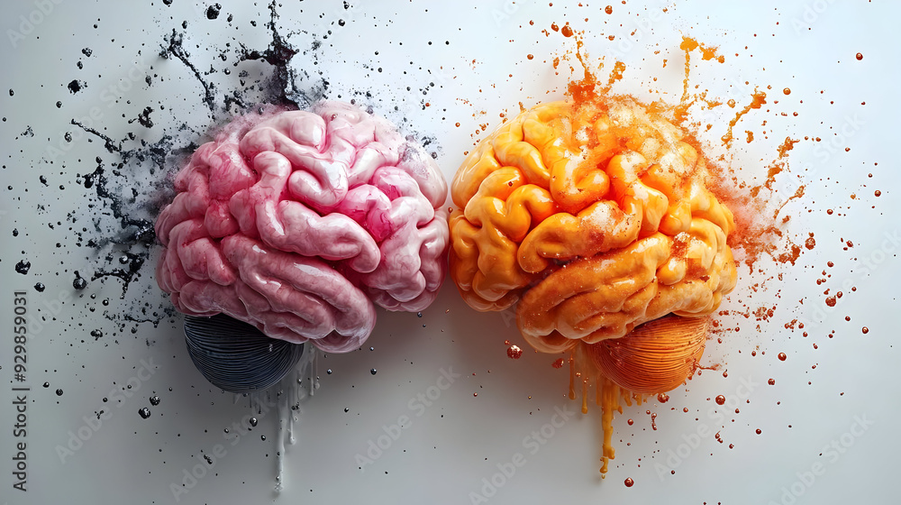 Poster artistic representation of two brains with vibrant colors and splashes.