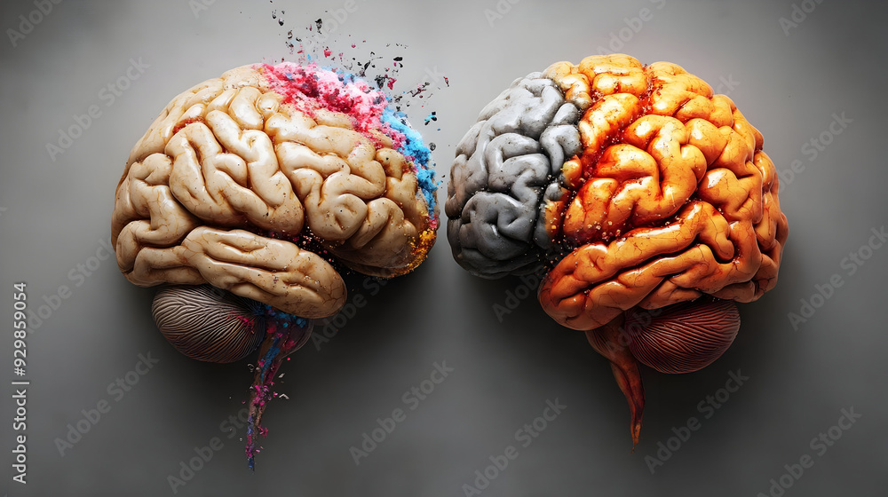 Poster artistic representation of two brains with vibrant colors and textures.