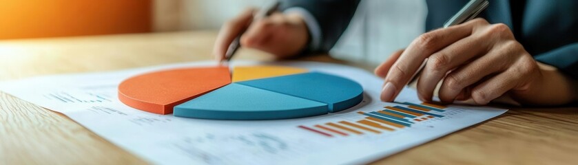 Close-up of a financial advisor using a pie chart to explain diversification benefits, symbolizing strategic financial planning