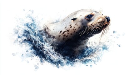 Fototapeta premium Graceful seal emerging from ocean waves, showcasing its playful nature and sleek, spotted body against a vibrant blue backdrop.