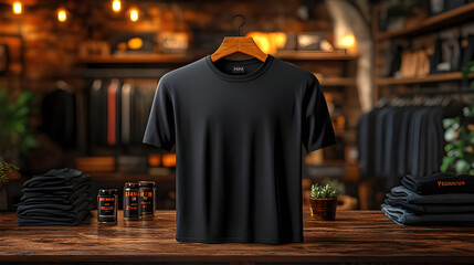 Obraz premium Black t-shirt displayed in a retail setting with merchandise.
