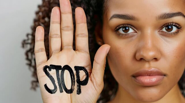 Strong woman raise hand with stop word. Concept of gender inequality. Feminist girl fight female rights against abuse, harassment, misogyny. racism concept. Feminism problem. Human rights.