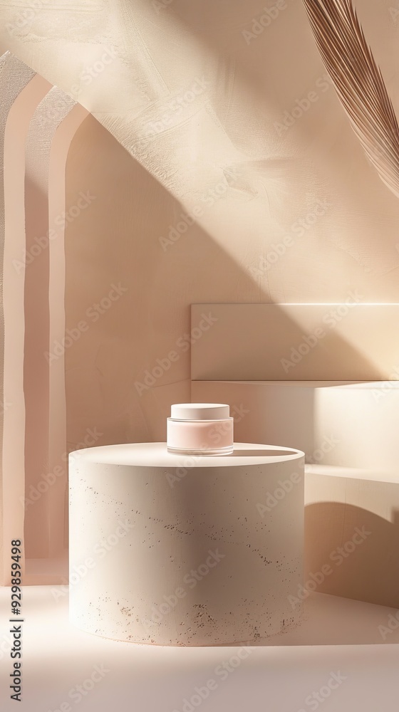 Poster a serene setting showcases a minimalist product atop a smooth circular pedestal, surrounded by gentl