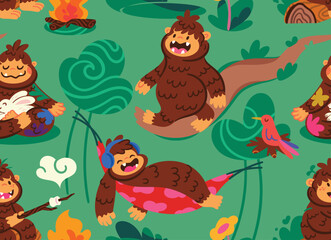 Seamless pattern with brown Sasquatches in the forest