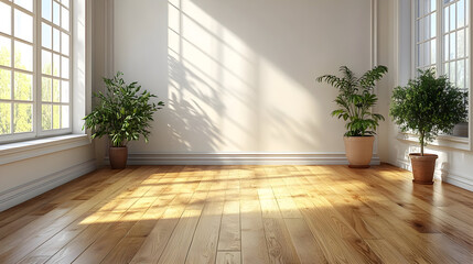 Fototapeta premium Bright, empty room with wooden floor and potted plants.