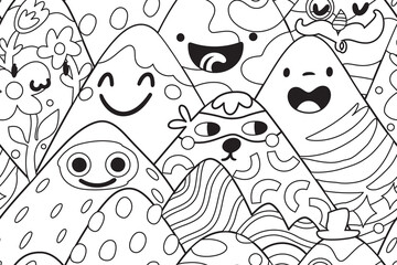 Black and white seamless pattern with cute kawaii mountains in outline