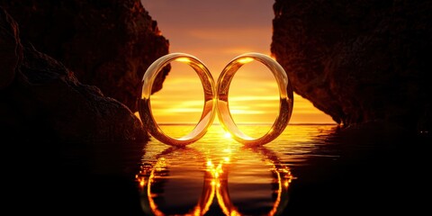 Two wedding rings reflect in serene water at sunset, symbolizing love and commitment in a tranquil setting.