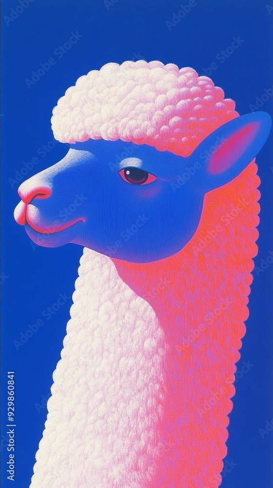 Poster a striking alpaca with colorful fur captivates with its playful expression