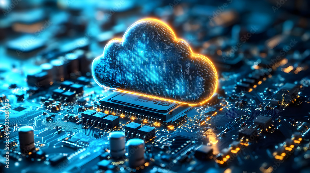 Poster cloud computing concept over a circuit board background.