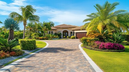 Obraz premium A beautiful paved driveway leading to a luxurious home with lush tropical landscaping.