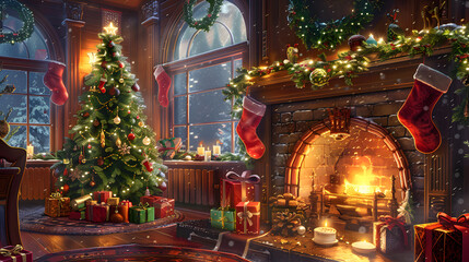 Fototapeta premium Beautiful House room which is decorated with christmas ornaments and gifts.