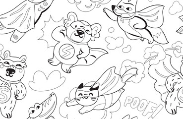 Superhero animals seamless pattern in contour