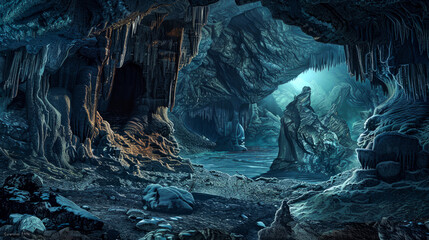 Mystical Ice Cave With Stalactites and a Stream