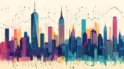 Fototapeta premium Colorful city skyline with abstract data visualization elements.