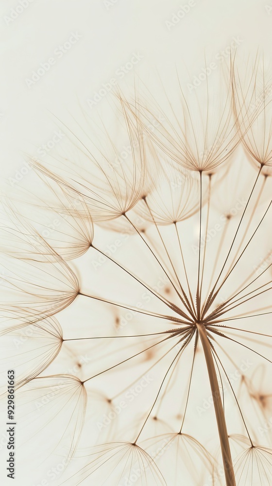 Poster soft, wispy dandelion seeds radiate from a central stem, illuminated gently by natural light, showca