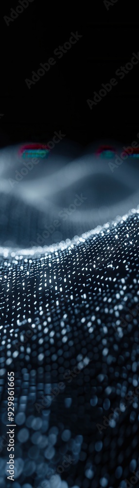 Poster abstract digital wave with particles on a dark background, representing data flow, network, or techn