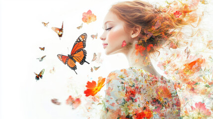 Fototapeta premium Beautiful girl in a floral and butterfly dress, flowers flying in front of her against a white background, high-definition details, impressionist-inspired composition