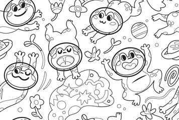 Black and white seamless pattern with cute cartoon frogs astronauts in the space