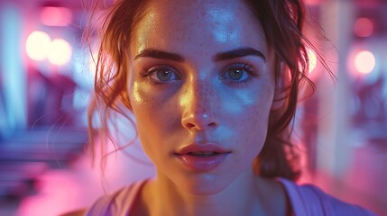A dynamic shot of a woman running on a treadmill. her muscles engaged and sweat visible. vibrant gym setting with various cardio equipment. bright and vivid colors. strong directional lighting.