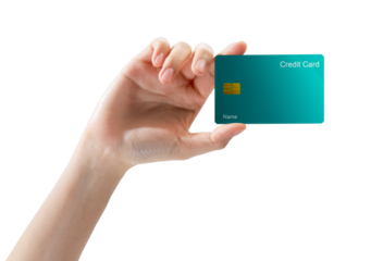 Hand holding credit card on isolated white background.