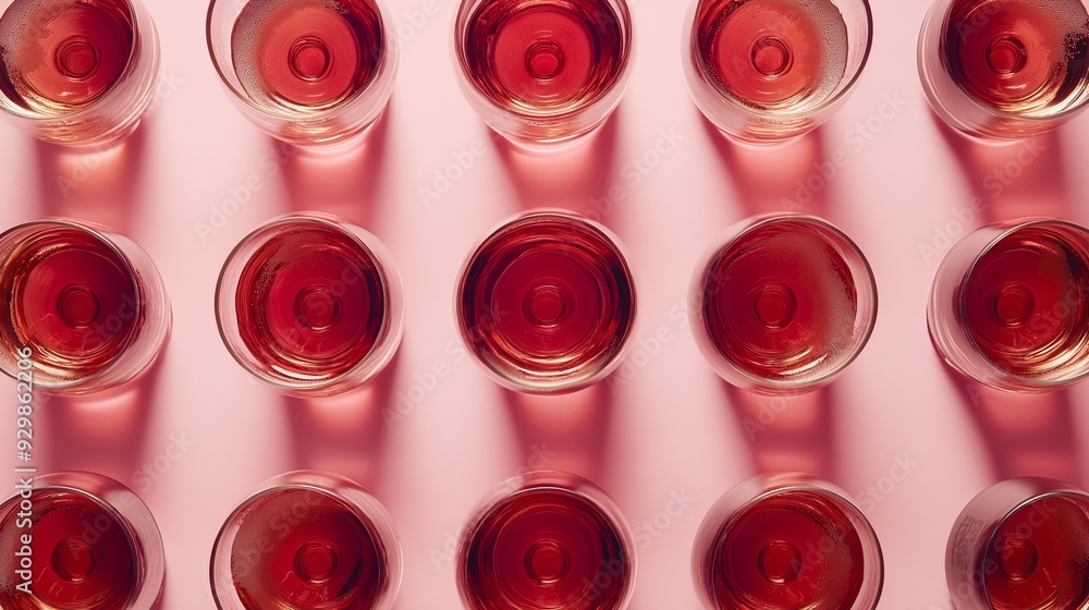 Aufkleber a row of wine glasses filled with red wine. the wine glasses are arranged in a pattern, with some ov