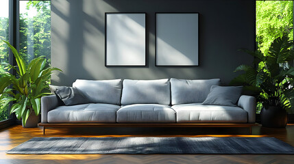 Cozy living room with a sofa, plants, and natural light.